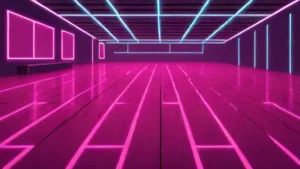 An empty professional ballroom dance floor with polished wood under soft stage lighting.