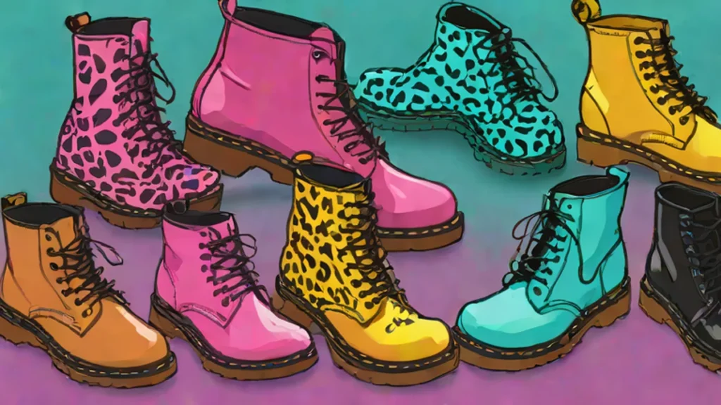 A collection of Dr. Martens loafers, Chelsea boots, and leather oxfords in various textures and colors.