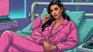 Kim Kardashian sitting in a hospital bed discussing her health and personal life.
