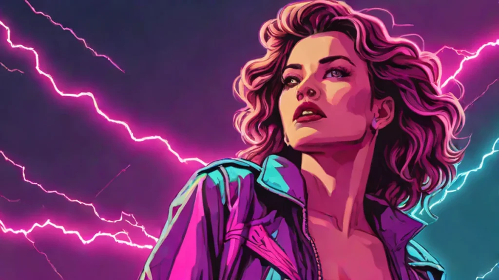 A stylish woman looking up at a dramatic sky filled with lightning and cosmic energy.