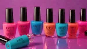 OPI GelColor nail polish bottles in pink and lavender shades on a reflective surface.