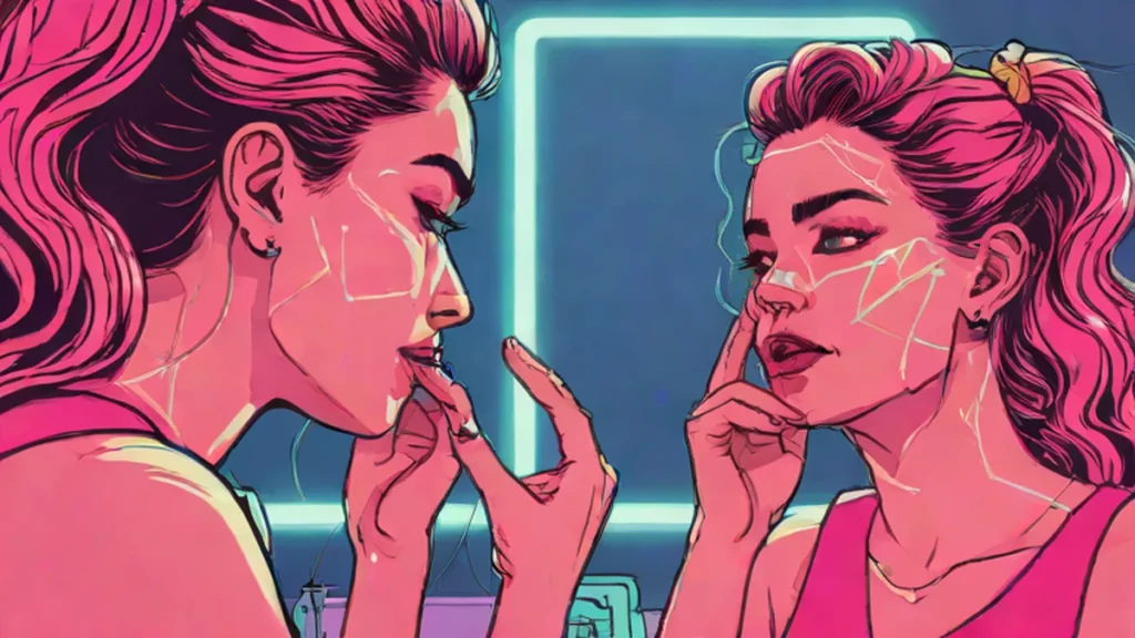 A young adult woman examining facial acne and skin congestion in a bathroom mirror.