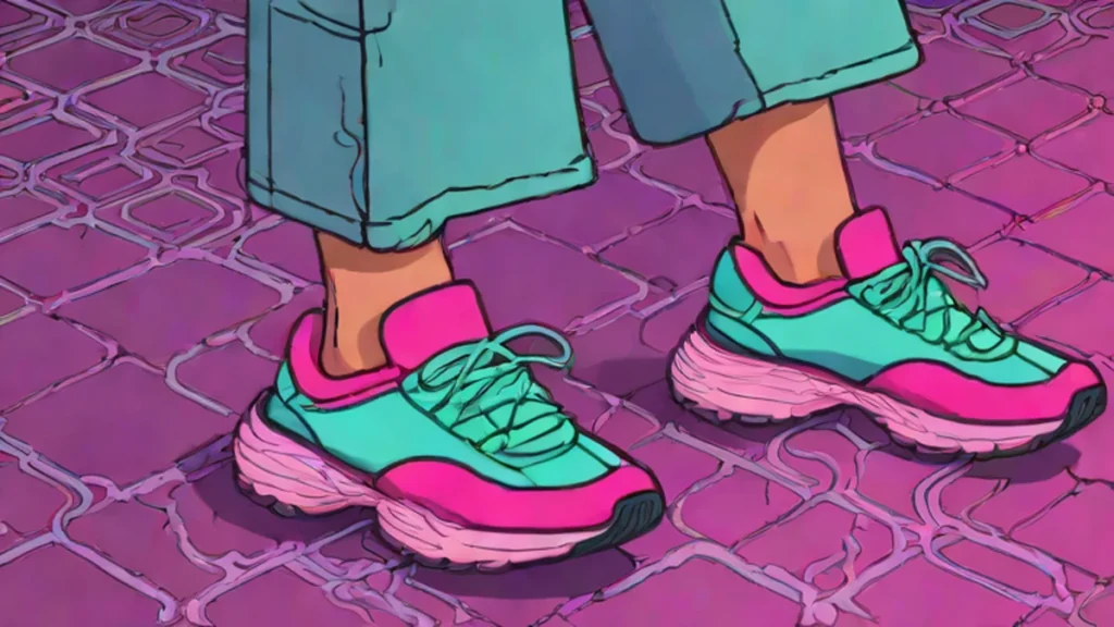 Close up of a woman wearing trendy slip-on sneaker mules and white socks.