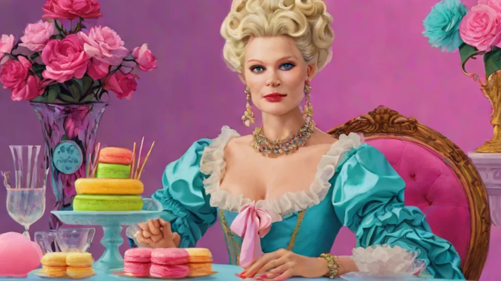 A woman in an elaborate historical pastel dress and large wig surrounded by colorful French pastries.