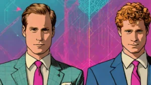 Split portrait of Prince William and Prince Harry representing the royal family tension.