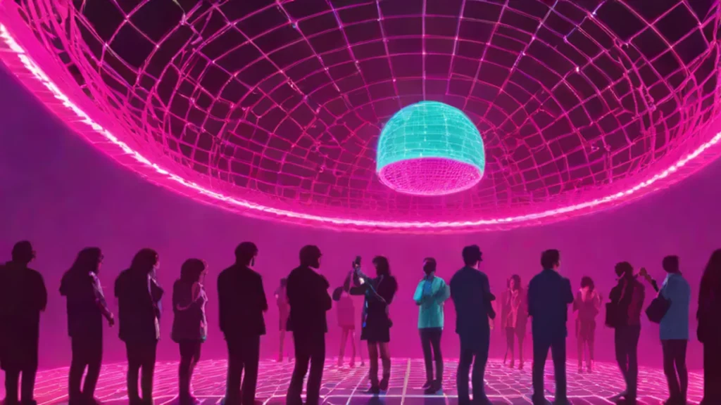 A group of people attending a phone-free immersive music event in a dark planetarium setting.