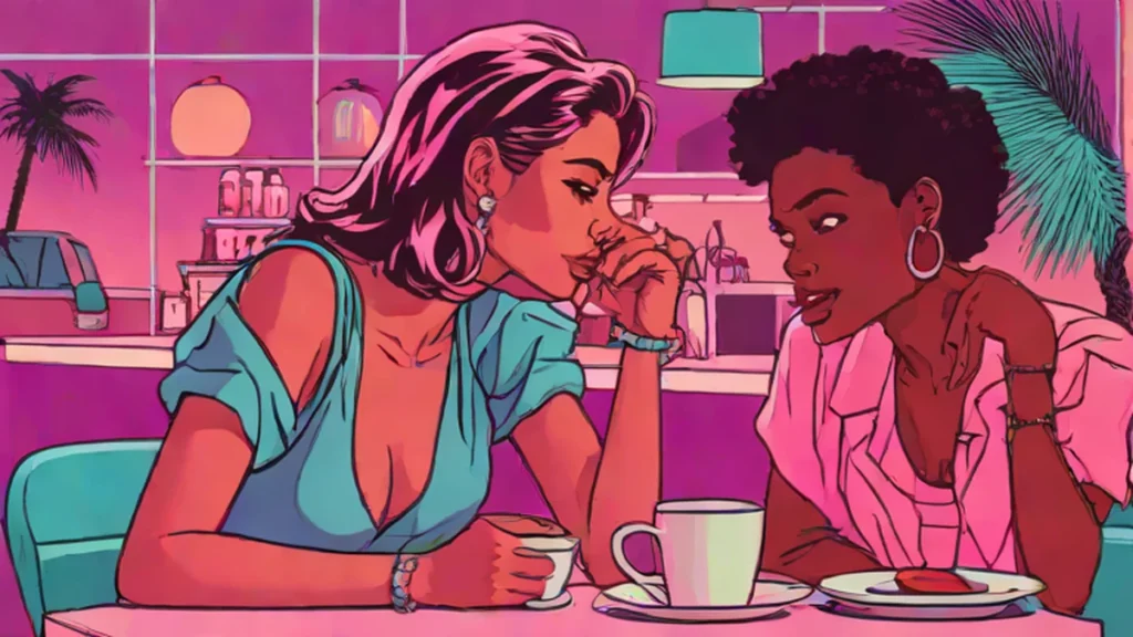 Two adult women having an engaging and deep conversation at a coffee shop table.
