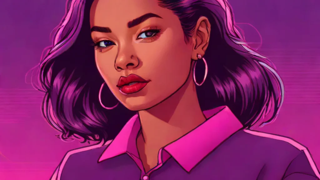 Close-up portrait of a woman wearing an eggplant purple sweater and cherry red shirt.