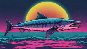 A large sturgeon fish swimming through murky lake water toward a bright lunar glow.