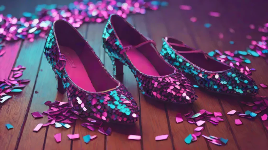 Professional ballroom dance shoes and silver sequins on a polished wooden dance floor.