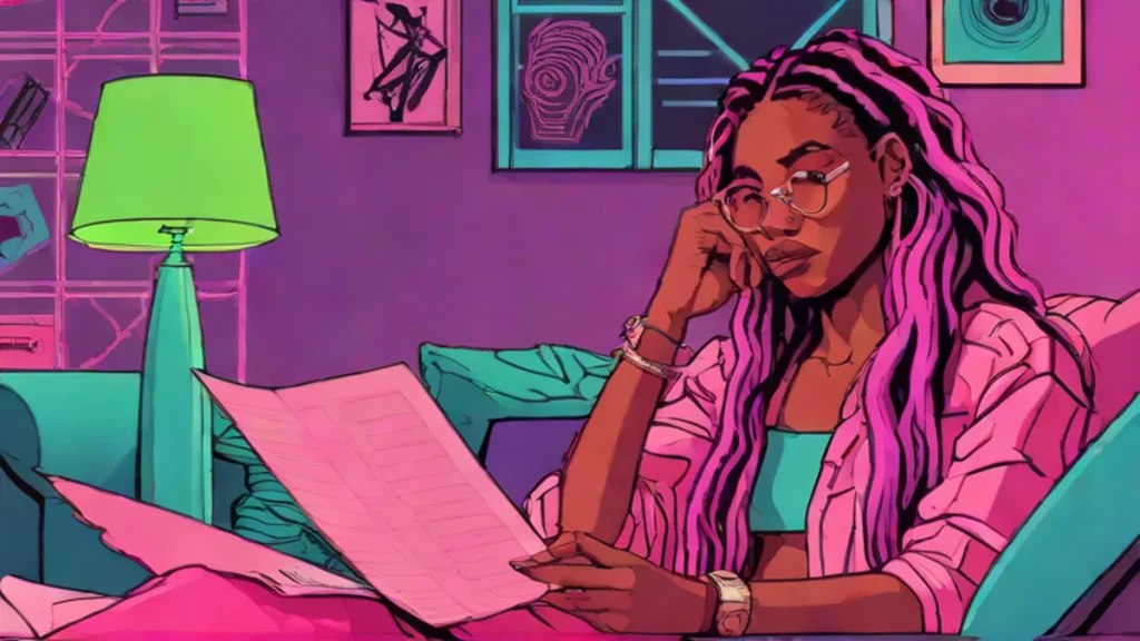 A woman looking stressed while sitting at a table with legal paperwork and documents.