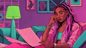 A woman looking stressed while sitting at a table with legal paperwork and documents.