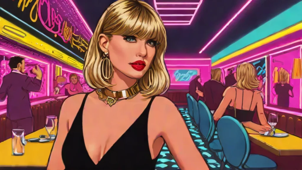 Taylor Swift wearing a chic black Rails midi dress and gold Cartier necklace.