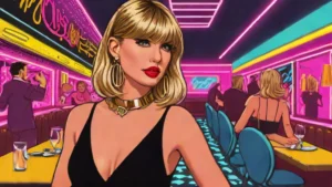 Taylor Swift wearing a chic black Rails midi dress and gold Cartier necklace.