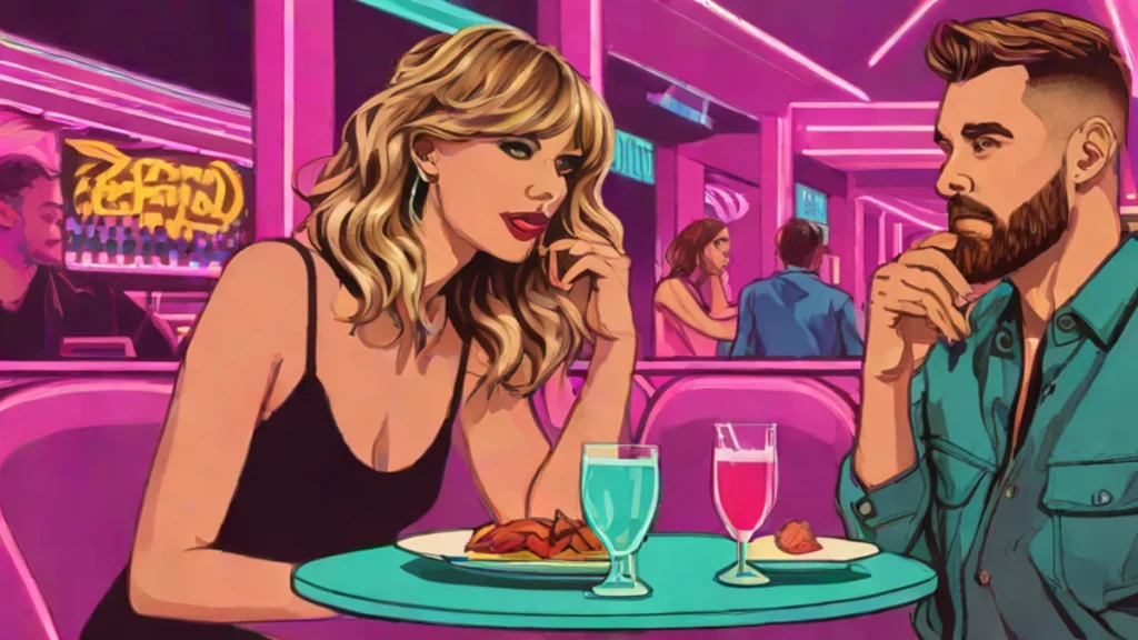Taylor Swift and Travis Kelce enjoying a romantic date night at a high-end steakhouse.
