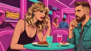Taylor Swift and Travis Kelce enjoying a romantic date night at a high-end steakhouse.