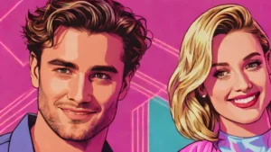 Close-up portrait of actors Tom Bateman and Lili Reinhart smiling together.