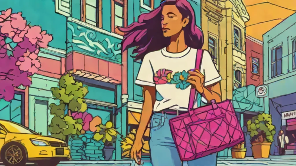 A woman carrying a vibrant floral quilted Vera Bradley bag with a neutral outfit.
