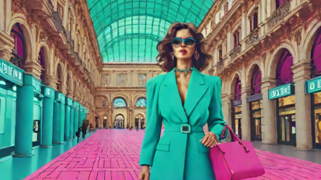 A stylish woman walking through the historic Galleria Vittorio Emanuele II in Milan wearing high fashion.
