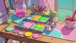 Watercolor paints and brushes resting on a wooden table in a sunlit studio setting.