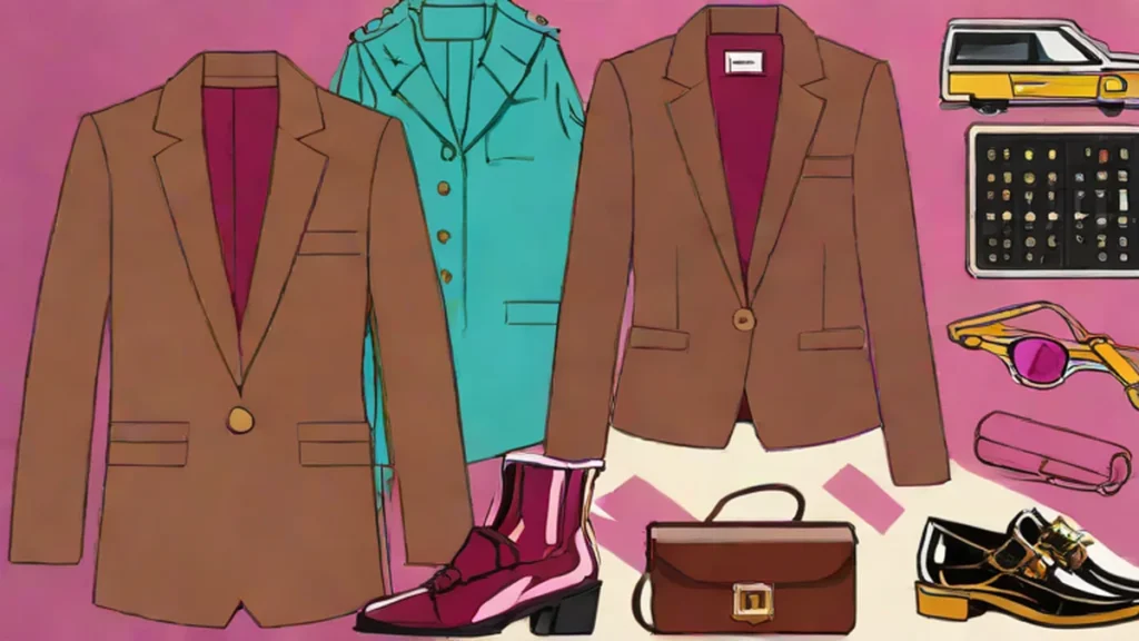 A mocha brown blazer, burgundy blouse, and tortoiseshell flats arranged for autumn fashion.