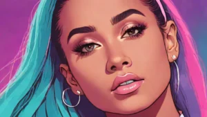 A close-up portrait of Ariana Grande illuminated by magenta and cyan lights.