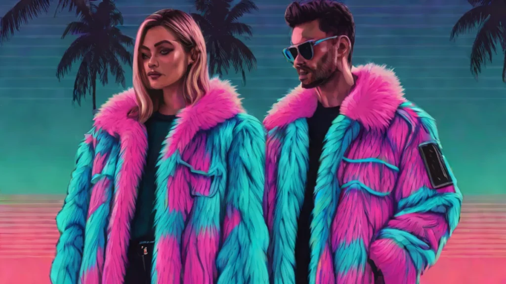 A luxurious faux fur coat resting on a reflective surface against a city backdrop.