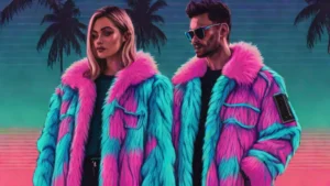 A luxurious faux fur coat resting on a reflective surface against a city backdrop.