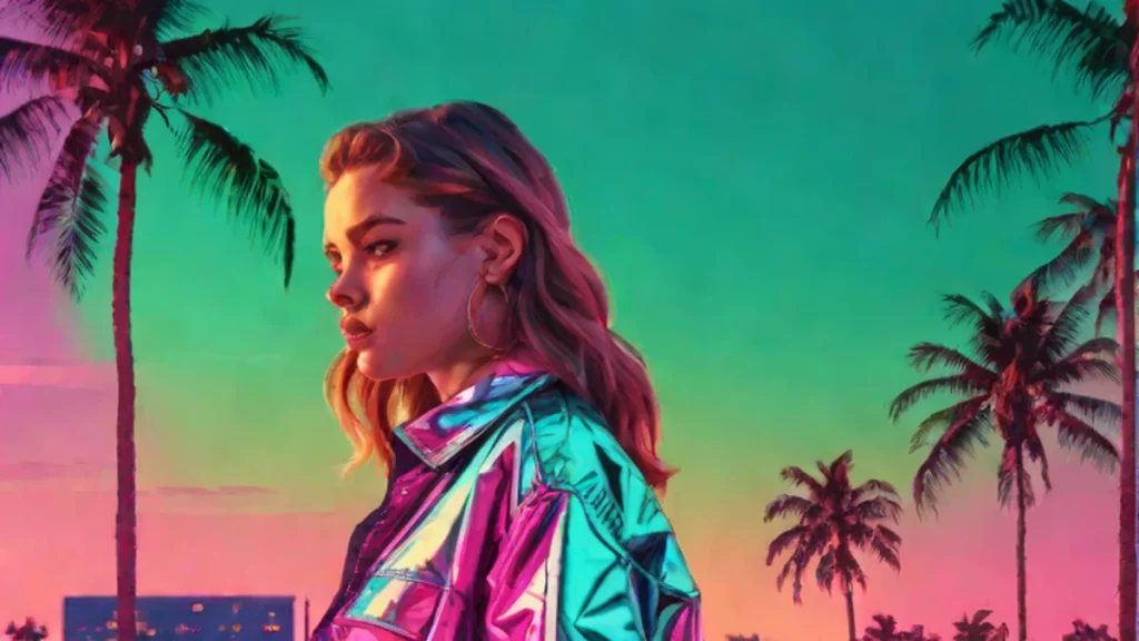 A woman looking back over her shoulder toward a glowing city skyline at night.