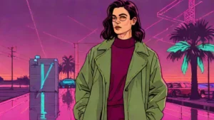 An olive green trench coat and a burgundy turtleneck sweater resting on a reflective chrome surface.
