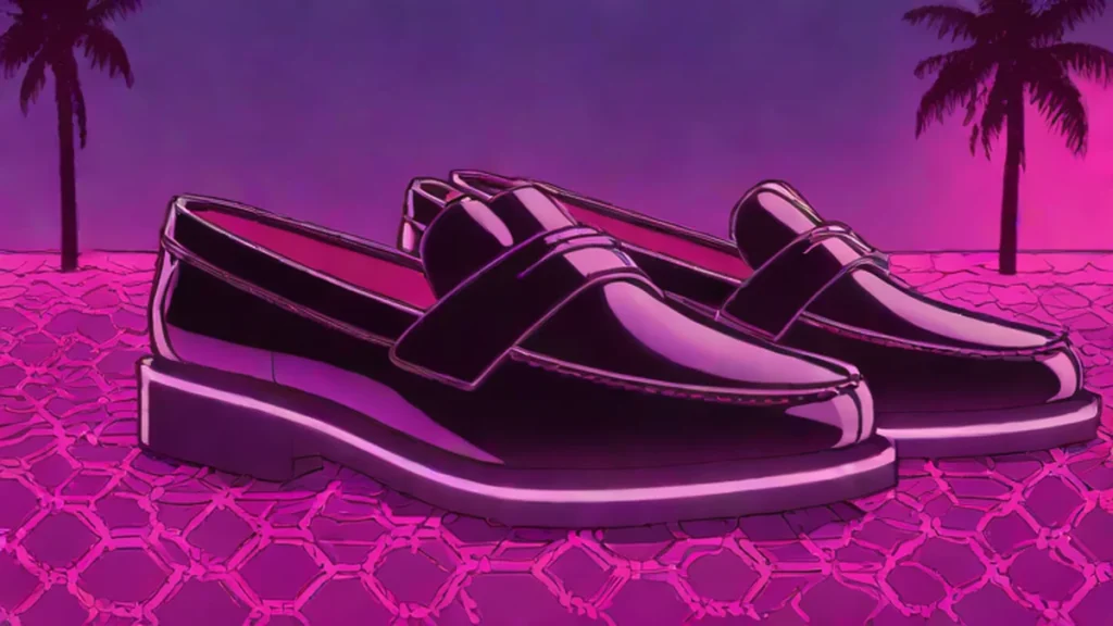 Black platform loafers resting on a reflective chrome surface against a minimalist horizon.