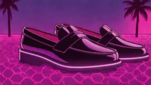 Black platform loafers resting on a reflective chrome surface against a minimalist horizon.