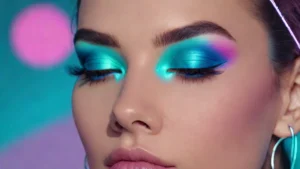 Close up of a woman wearing cornflower blue eyeshadow and smudgy dark eyeliner.