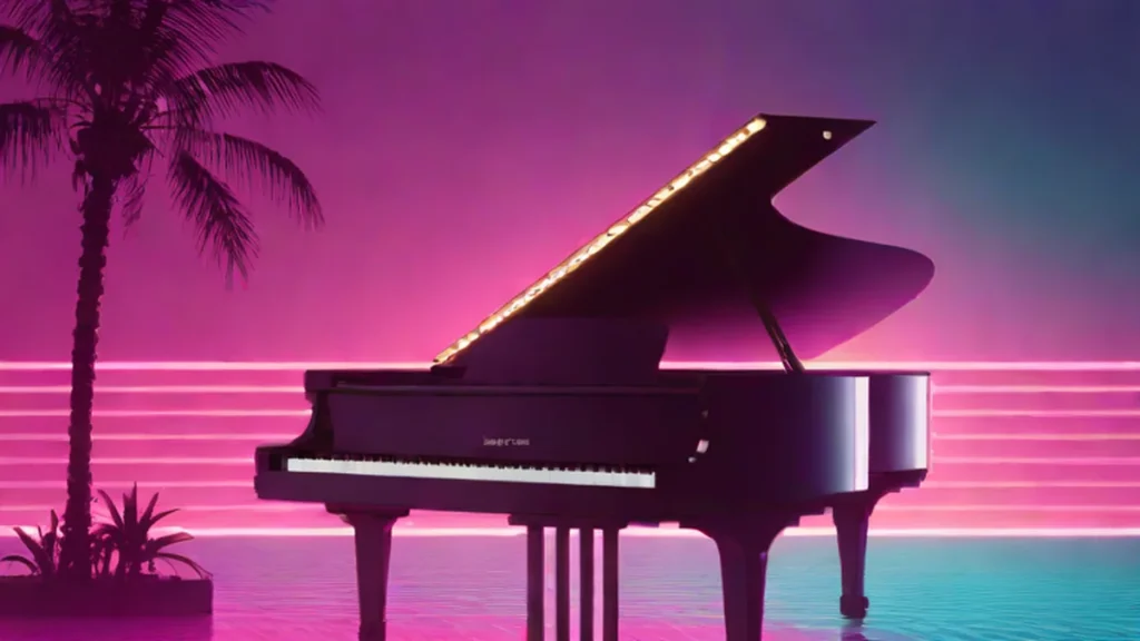 A black grand piano illuminated by bright spotlights on a dark concert stage.