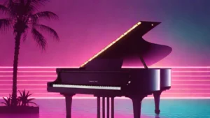 A black grand piano illuminated by bright spotlights on a dark concert stage.