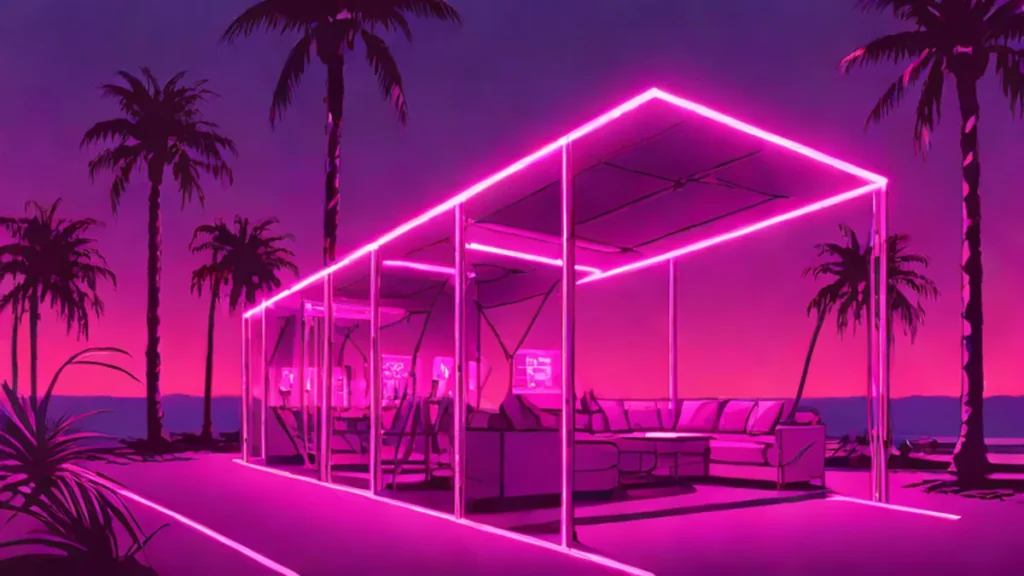 Modern circular conversation pods in a dimly lit luxury lounge setting for a dating show.