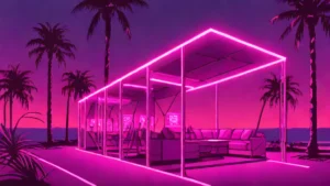 Modern circular conversation pods in a dimly lit luxury lounge setting for a dating show.