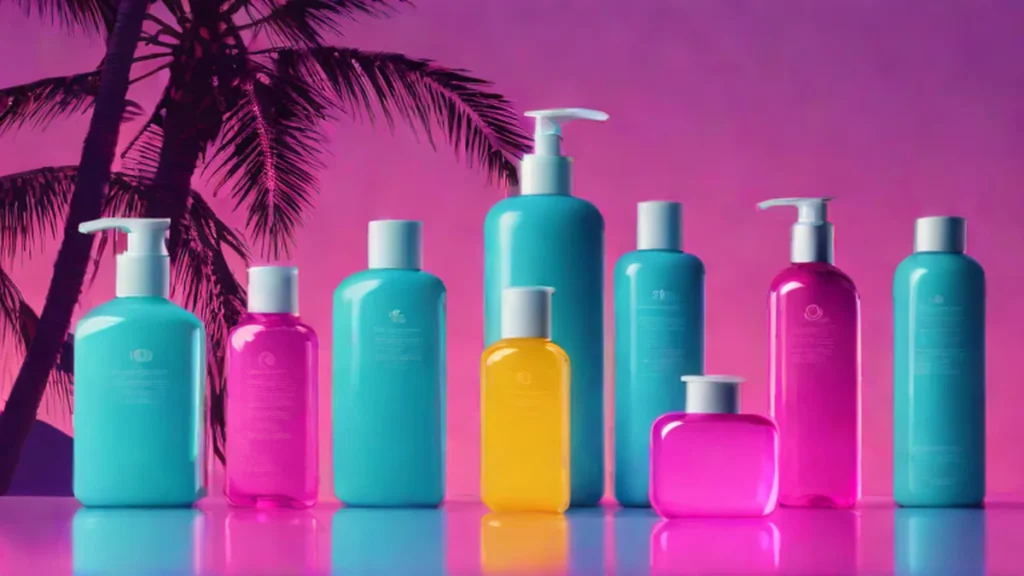 Cosmetic bottles resting on a reflective chrome surface under pink and cyan neon lighting.