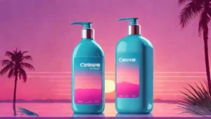 A cleanser bottle sitting on a reflective chrome surface against a minimalist background.