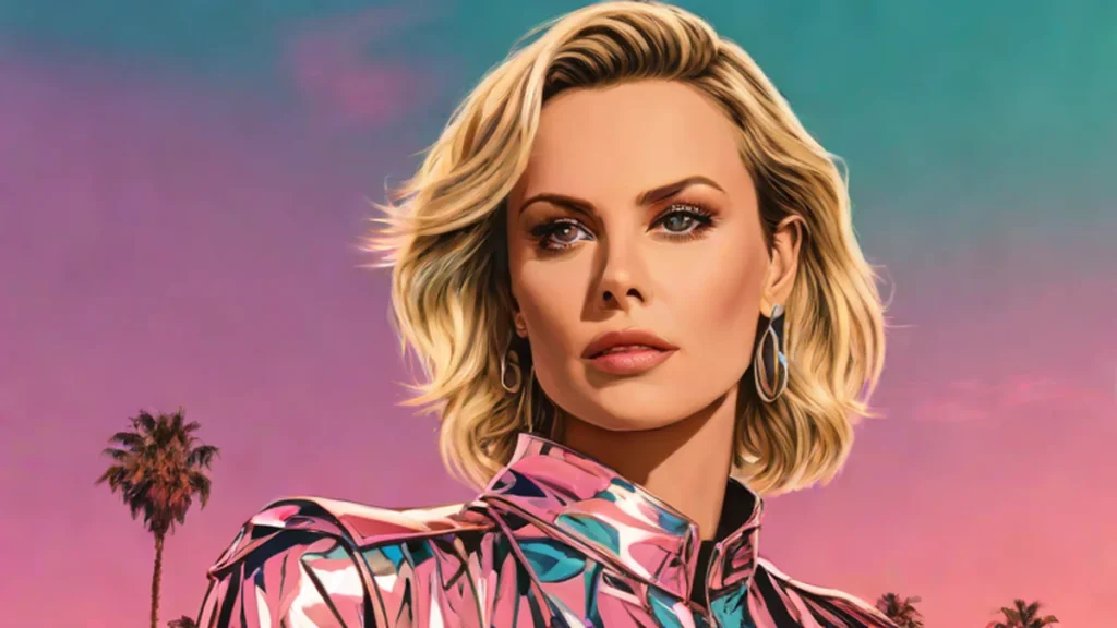 Close up portrait of Charlize Theron in a black Tom Ford gown and Boucheron jewelry.