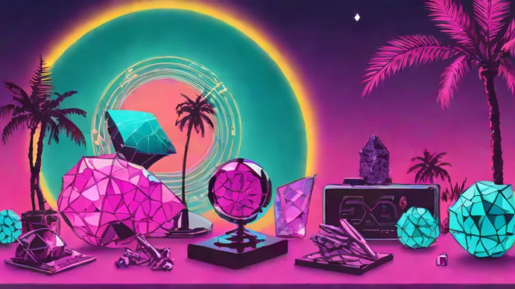 Amethyst crystals and a glass sphere resting on a reflective chrome surface under colorful light.