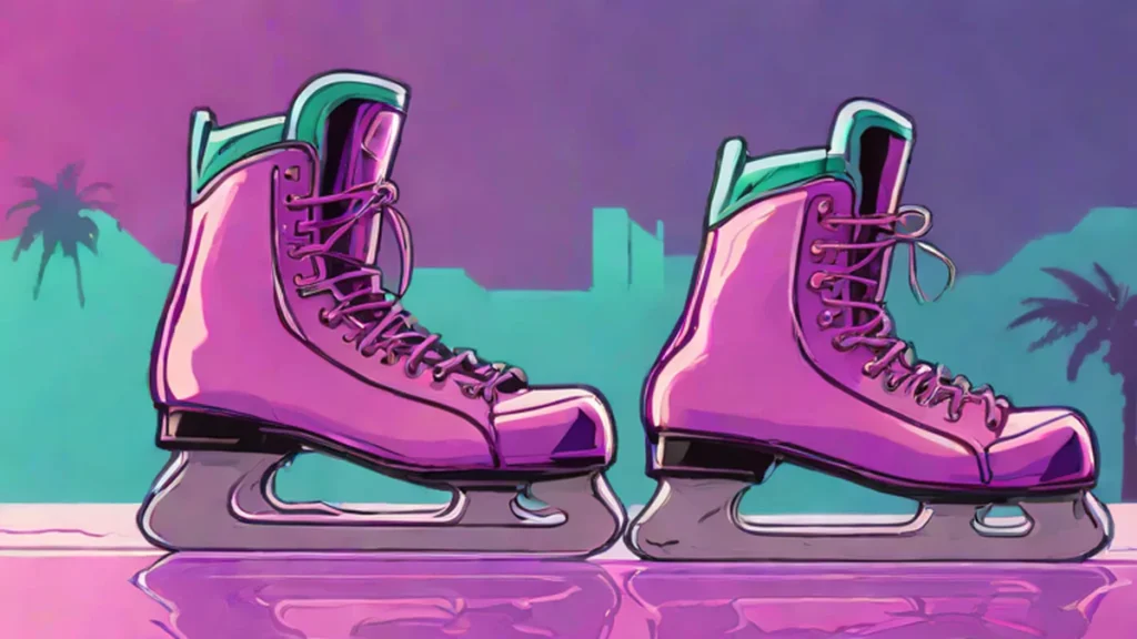 White figure skates and a hockey helmet resting on a reflective ice rink surface.