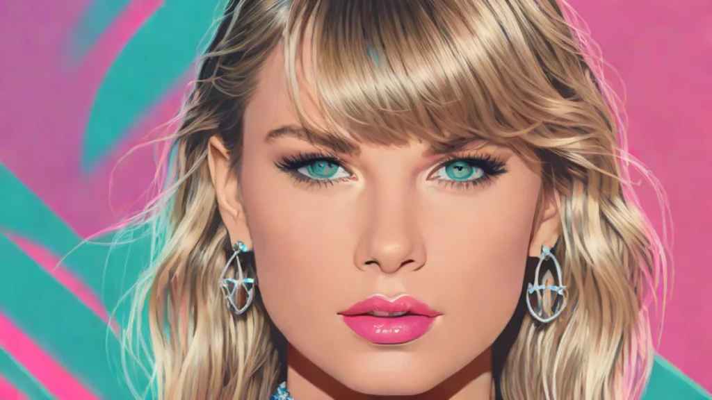 A close-up portrait of Taylor Swift illuminated by vibrant magenta and cyan neon lights.