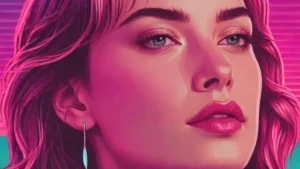 Close up portrait of Dakota Johnson illuminated by vibrant magenta and cyan neon lights.