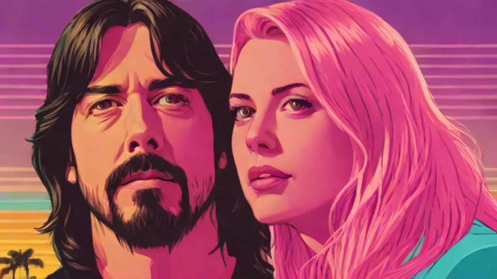 Close up portrait of Dave Grohl and Jordyn Blum lit by neon lights.