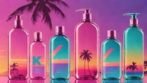 Assorted K-beauty skincare glass bottles resting on a reflective chrome surface.