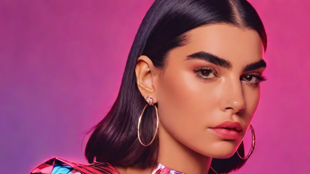Close-up portrait of Dua Lipa wearing a red Chanel knit dress and sculptural earrings.