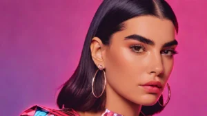Close-up portrait of Dua Lipa wearing a red Chanel knit dress and sculptural earrings.