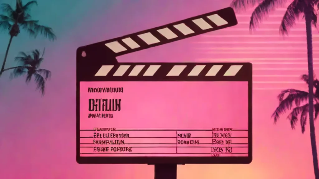 A professional movie clapperboard resting on a surface representing a film production set.