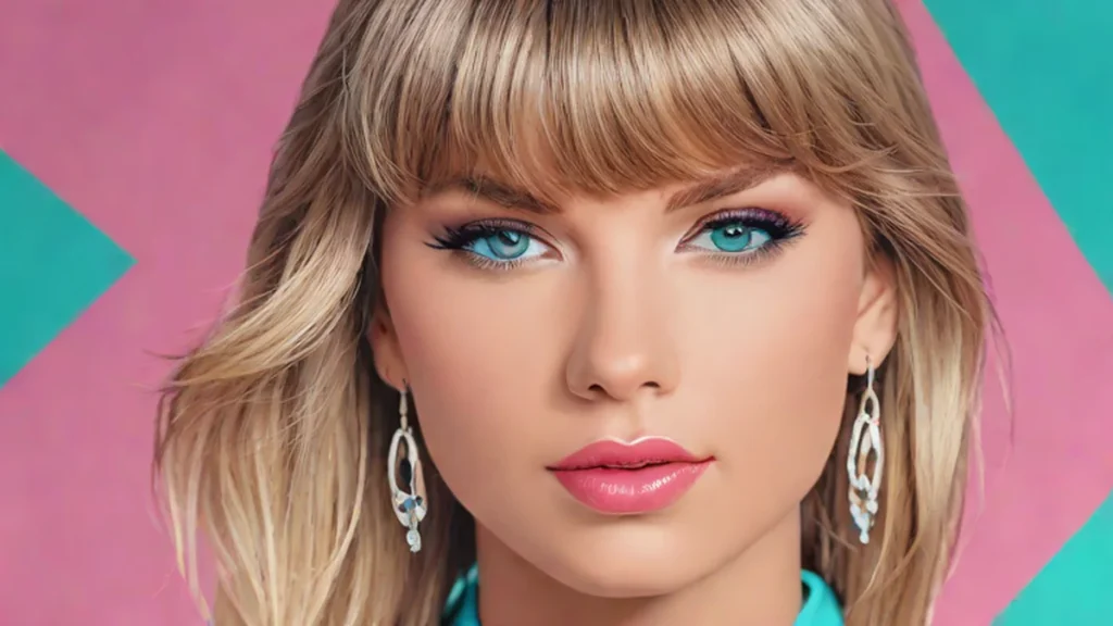 Close-up portrait of Taylor Swift illuminated by vibrant magenta and cyan neon lights.
